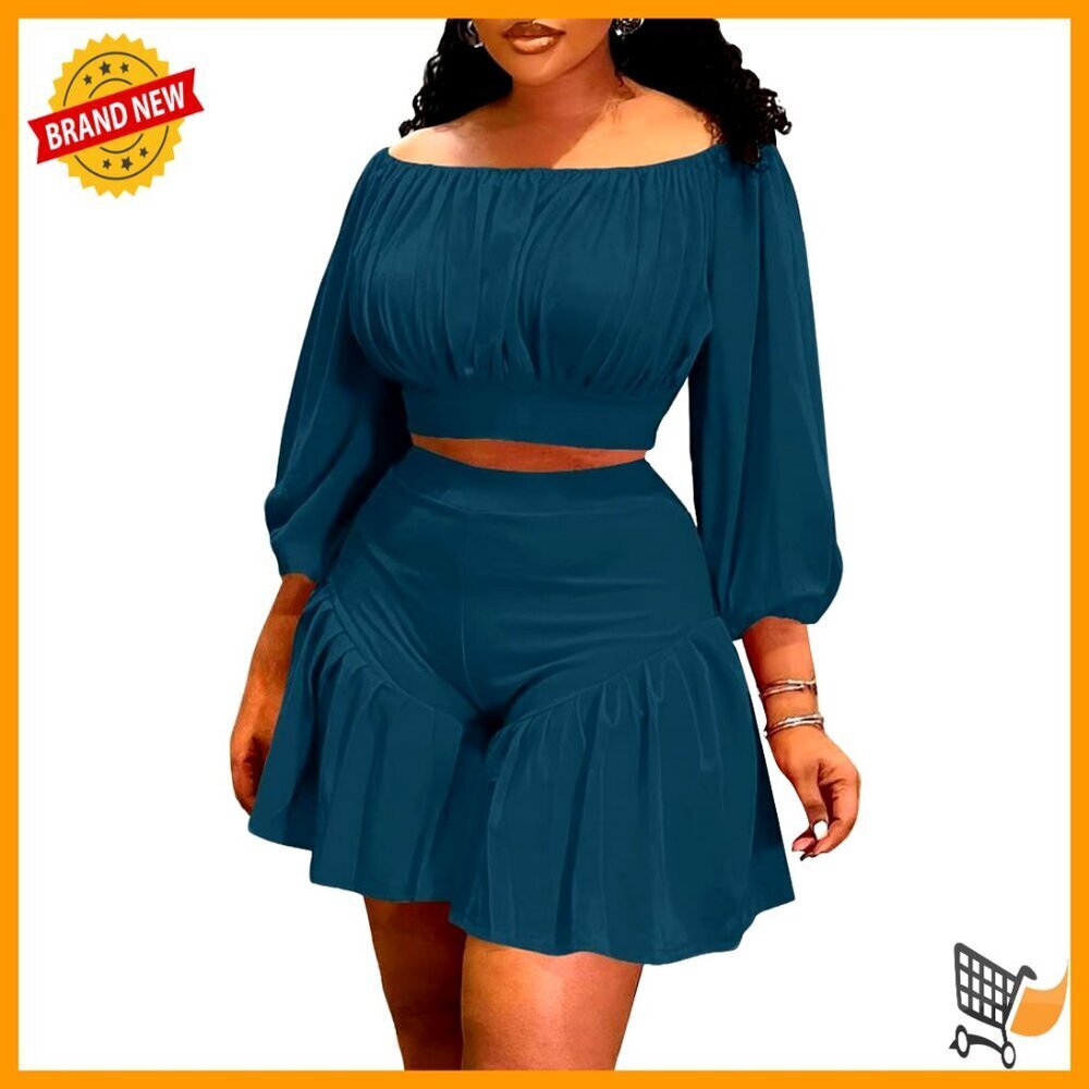 Off Shoulder Lantern Sleeve Top Ruffle Trim Shorts Matching Set Plus Size
